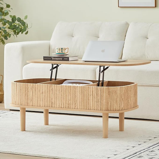 Fully Assembled Fluted Lift Top Coffee Table with Hidden Compartment, Wooden Center Table, Modern Oval Lift Tabletop for Home Living Room Office, Natural
