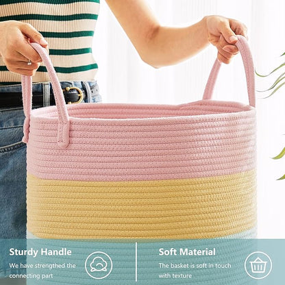 15Dx20H inches Baby Girls Kids Hamper Rainbow Laundry Basket for Nursery Clothes Pastel Unicorn Woven Hamper in Playroom Bedroom 60L Large Tall Blanket Basket for Toy Storage