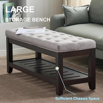 44" Ottoman Bench, Upholstered End of Bed Bench, Oversized Footrest with Wood Shelf torage Storage Bench for Bedroom, Entryway, Living Room, Light Grey