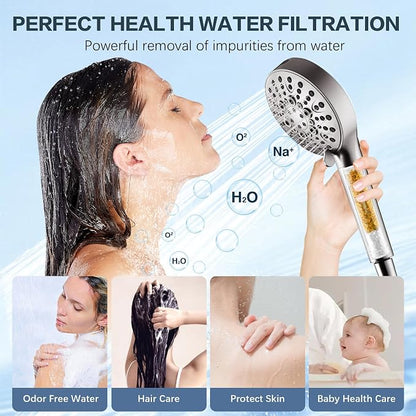 BRIGHT SHOWERS Filtered Shower Head with Handheld, High Pressure 9 Spray Mode Showerhead with Long Hose and Bracket, Water Softener Filters Beads for Hard Water - Removes Chlorine, Brushed Nickel