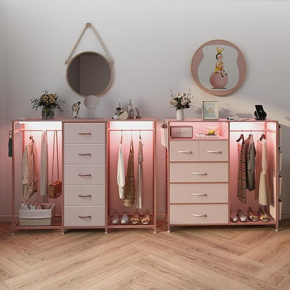 Dresser for Bedroom with Clothes Rack 5 Drawer Dresser with Charging Station LED Lights White Chest of Drawers Flexible Shelf and Open Storage Space for Bedroom Living Room (Pink)