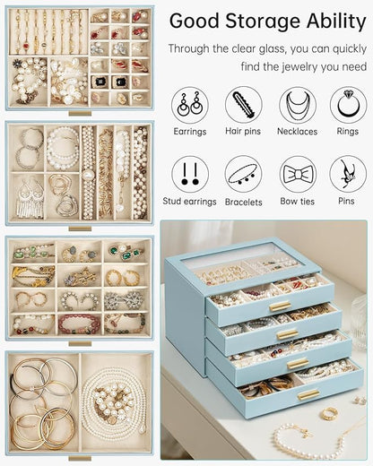 AKOZLIN Jewelry Box with Clear Lid Functional Leather Jewelry Storage Organizer Case 4 Drawers for Women Girls Necklace Ring Bracelet Earring BlueGrey