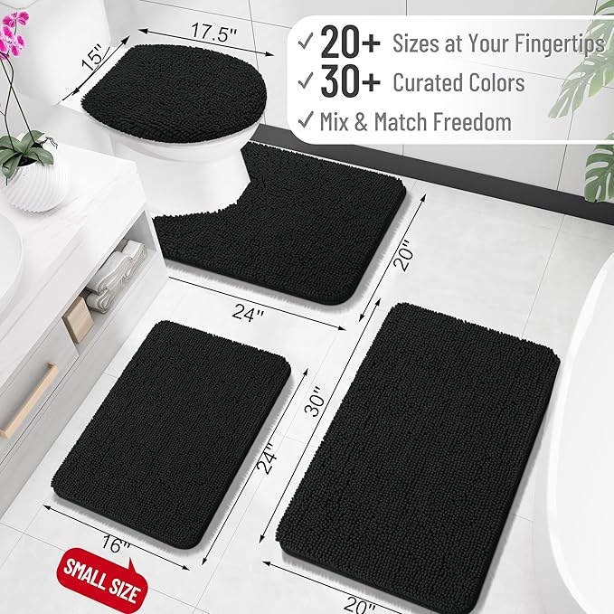 OLANLY Small Bathroom Rugs 24x16, Extra Soft Absorbent Chenille Bath Rugs, Rubber Backing Quick Dry, Machine Washable Bath Mats for Bathroom Floor, Tub and Shower, Home Decor Accessories, Black