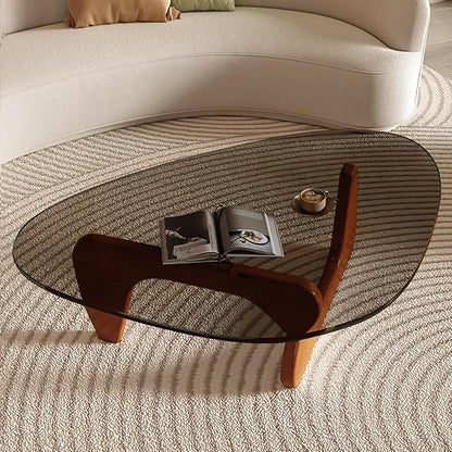 Mid Century Modern Glass Coffee Table, Coffee Table for Living Room, Noguchi Coffee Tables,Suitable for Bedroom Living Room Reception Office Tables (Walnut/Grey, ML)