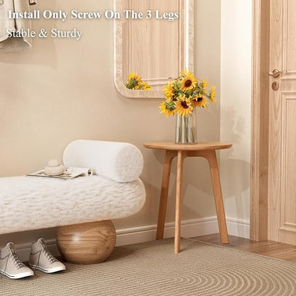 Round Side Table - 100% Natural Solid Oak Wood - 3 Legs Wood End Table for Living Room - Easy Assembly, Elegant Round End Table - Eco-Friendly Painted Small Side Table (Colour: Natural)