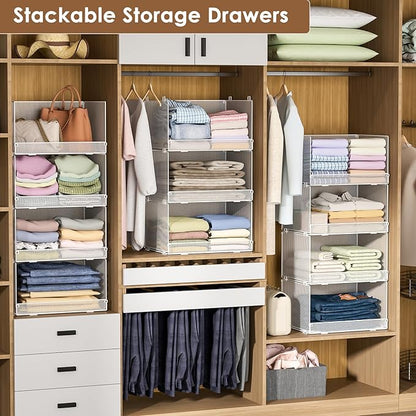 4-Tier Stackable Closet Organizers and Storage Shelves, Foldable Closet Shelf Organizer, Stackable Storage Bins Drawers for Closet Organizer System, White(Patent Pending)