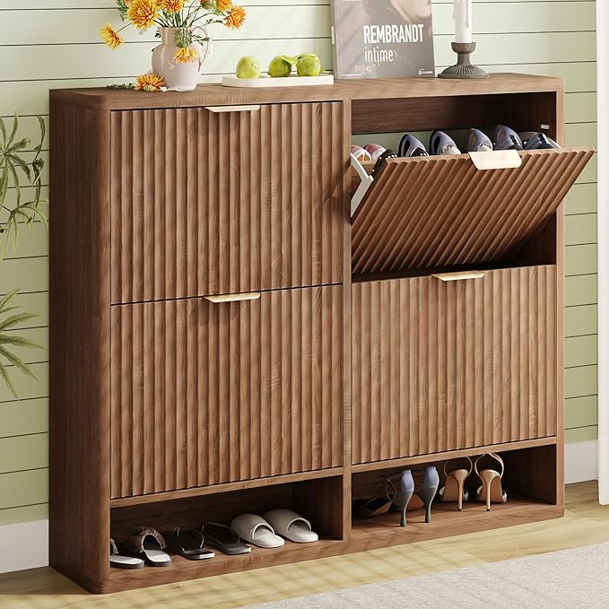 Shoe Storage Cabinet for Entryway with 4 Flip Drawers, 47.2" Large Modern Freestanding Shoe Organizer with Fluted Doors & Hidden Shoe Rack - Slim Enclosed Shoe Rack for Hallway (Walnut)