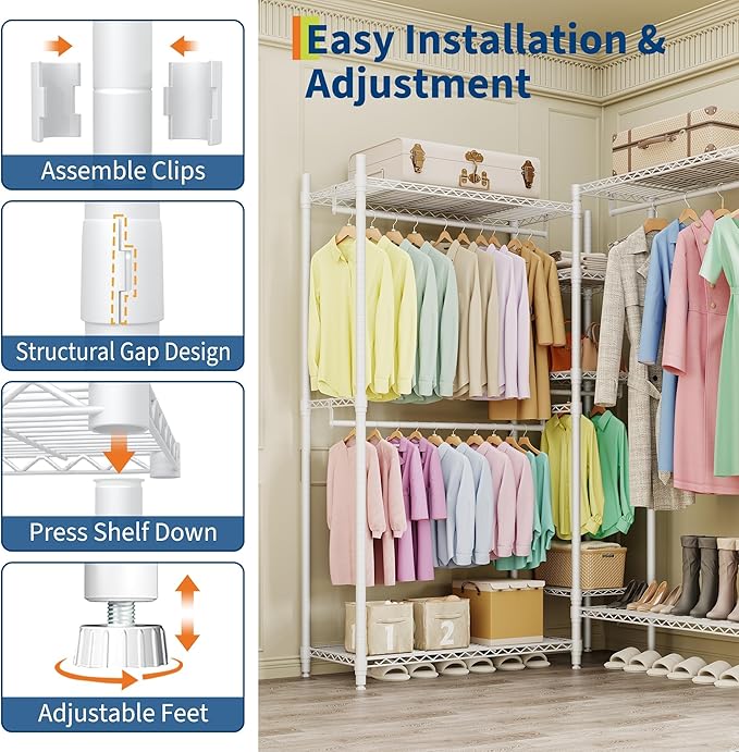 1630 LBS Heavy Duty Clothes Rack with Adjustable Shelves, 5 Tiers L-Shaped Freestanding Closet Organizer and Storage for Hanging Clothes, 85.4" W x 17.4" D x 70.5" H