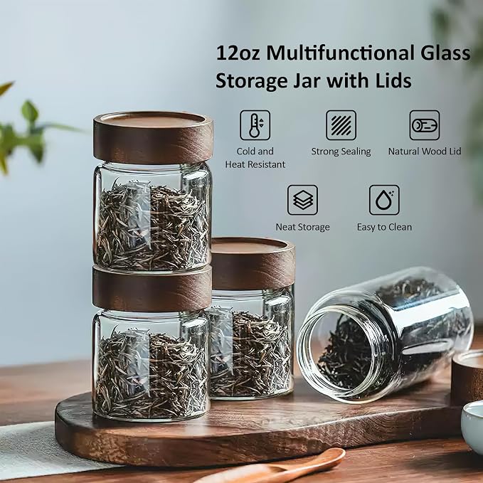 12 oz/350 ml Clear Glass Storage Canister with Airtight Wooden Lid, Small Overnight Oats Containers, Cute Decorative Salad Jar for Snacks Yogurt Spice Sugar Cereal Fruit Coffee Tea
