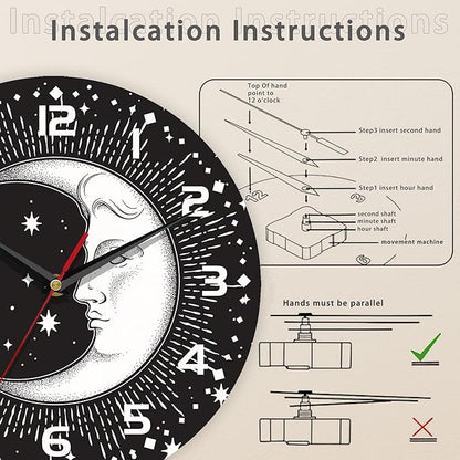 Clock for Living Room, Boho Crescent Moon and Stars Wall Clock Silent Non-Ticking Battery Operated Clock 10 Inch, Home Decor for Living Room, Kitchen, Bedroom and Office