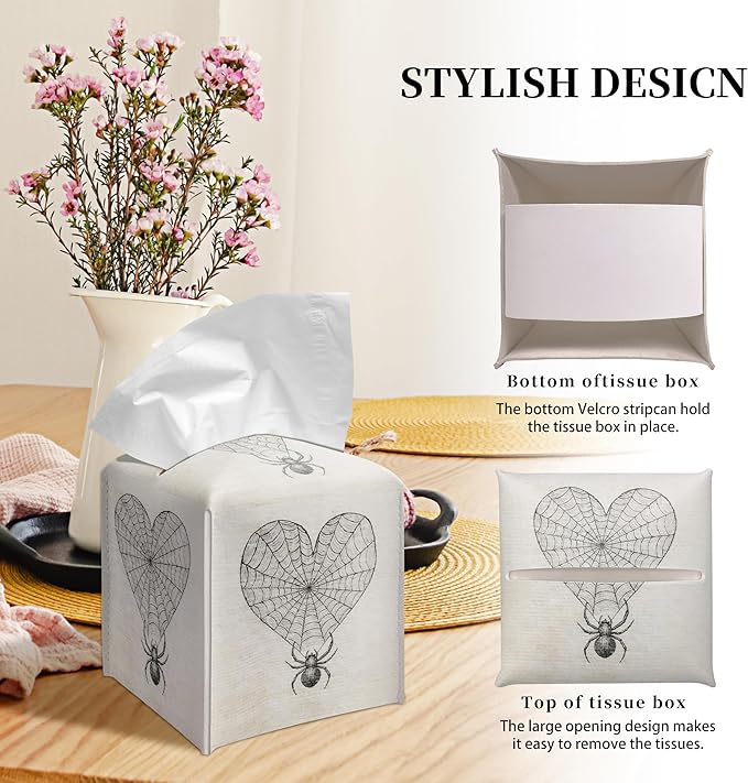 Grace Yonks Gothic Tissue Box Cover Square - Heart Web with Spider Design 5.2" PU Leather Holder for Vanity, Desk, or Bathroom Counter - Cube Case for Facial Tissues. (119)