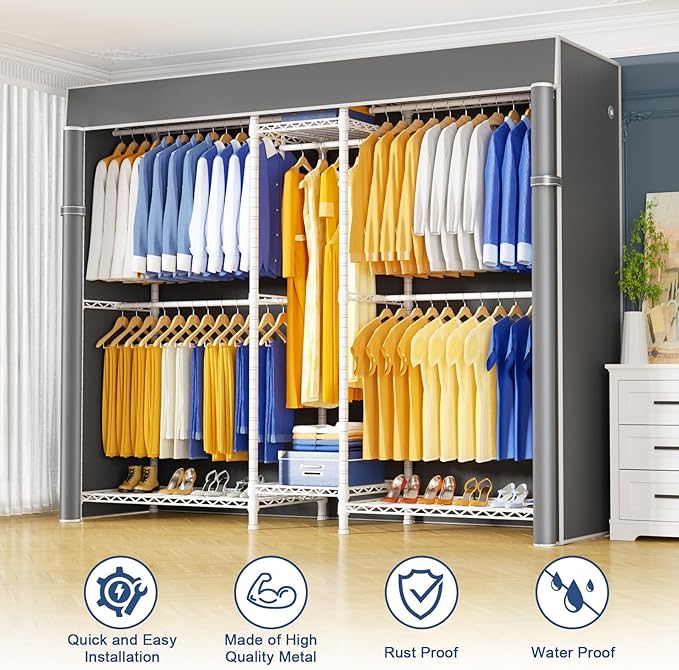 Ulif E12C Heavy Duty Closet Organizer System，Freestanding Clothing Racks for Hanging Clothes，Adjustable Garment Rack 71" W x 16" D x 76.5" H Hold 960 lbs，White Clothing Rack with Grey Dustproof Cover