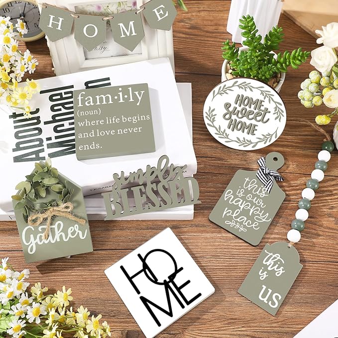 11 Pcs Home Tiered Tray Decor Spring Rustic Farmhouse Tiered Tray Decorations Set Sage Green Wooden Home Sign Vintage Farm Animal Farmhouse Tabletop Wood Sign for Kitchen Table Shelf Decor