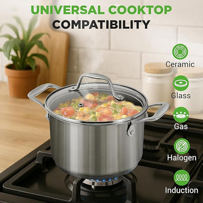NutriChef 3-Quart Stainless Steel Soup Pot - 18/8 Food Grade Heavy Duty Cookware, Stock Pot, Stew Pot, Simmering Pot Kitchenware w/See Through Lid, Dishwasher Safe, For Induction Gas Ceramic Cooktops