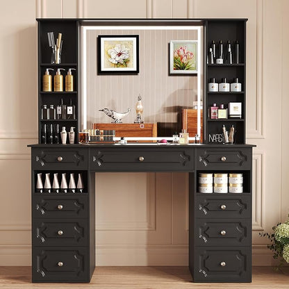 Makeup Vanity with 30" HD Lighted Mirror, 47" Large Vanity Desk with 9 Drawers & 10 Open Storage Shelves, Brightness Adjustable, Dressing Table for Bedroom, Women Girl (Black, B Panel)