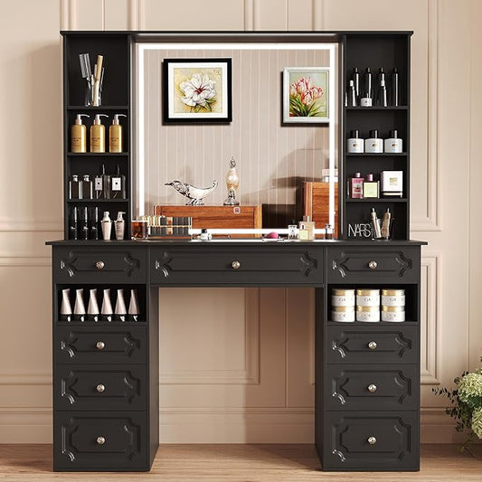 Makeup Vanity with 30" HD Lighted Mirror, 47" Large Vanity Desk with 9 Drawers & 10 Open Storage Shelves, Brightness Adjustable, Dressing Table for Bedroom, Women Girl (Black, B Panel)