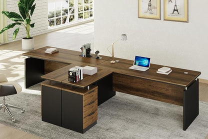 63 Inch L-Shaped Executive Desk Set of 2, Industrial Modern Wood Office Desk with 3 Drawers, Built-in Cable Management & Power Outlet, Real Wood Finish, Reversible Left/Right Return Home Workstation
