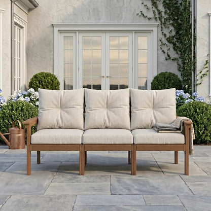 HDPE Outdoor Patio Furniture Set, 7-Piece Patio Conversation Sets with Coffee Table & Side Table & Beige Washable Thick Cushions, Outdoor Sofa for Balcony, Porch, Poolside (Teak Frame)