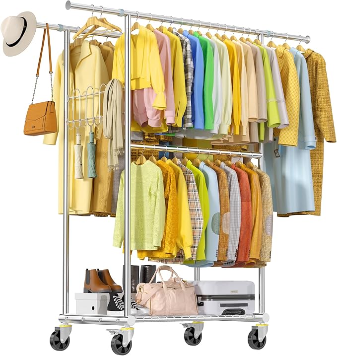 Stainless Steel Heavy Duty Clothes Rack Load 960LBS, Freestanding Garment Racks with Three Rods for Hanging, Rolling Clothing Rack with 360° Wheels for Bedroom Laundry Commercial