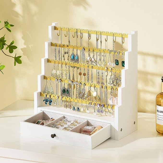 Pinzoveco Earring Organizer, 5 Layer Earring Holder Organizer with Metal Necklace Holder Pole, Rustic Wood Jewelry Organizer Stand Display for Stud Earring Bracelet Necklace Ring, 175 Earring Holes