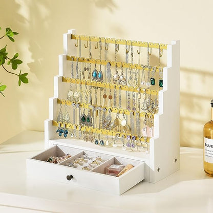 Pinzoveco Earring Organizer, 5 Layer Earring Holder Organizer with Metal Necklace Holder Pole, Rustic Wood Jewelry Organizer Stand Display for Stud Earring Bracelet Necklace Ring, 175 Earring Holes