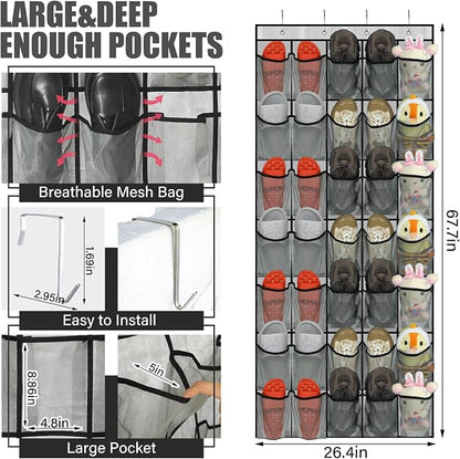 Windyun 2 Pcs 70 Large over The Door Shoe Organizer Hanging Shoe Rack for Closet Holder Gray Mesh Pockets Back to School Behind Door Hanger Storage Nonslip for Home Room School Dorm, Each 35 Pockets