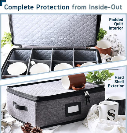 Hearth & Harbor Coffee Mug Storage, Quilted and Stackable Coffee Cup Storage Organizer for Service of 12, Mug Storage Box with Dividers, China Containers Hard Shell for Moving and Organization, Grey