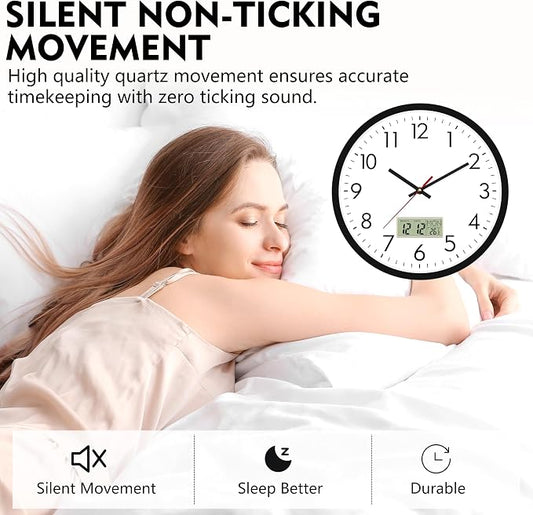 Lumuasky Wall Clock Digital 12" Non-Ticking Silent Battery Operated Analog with LCD Display for Perpetual Calendar and C° Temperature, Ideal Modern Home, Bedroom, Kitchen, Office Decor