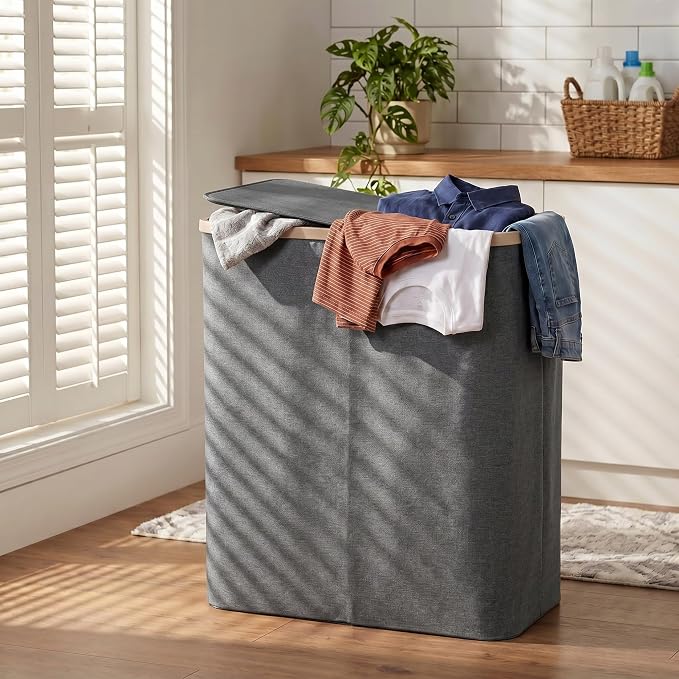DOKEHOM 160L Extra Large Laundry Hamper with Lid, 2-Section Double Laundry Basket with Removable Mesh Liner Bags, Collapsible Clothes Sorter for Family, Bedroom, Laundry Room, Dark Grey