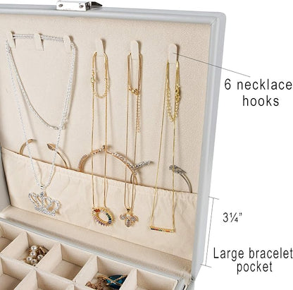 Frebeauty Earring Organizer Classic Jewelry Box 50 Slots Double Layer Jewelry Storage Case with 6 Necklace Hook and Bracelet Pocket(Grey)