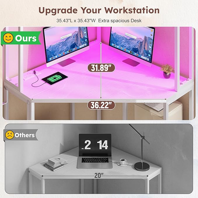 Corner Desk,35.4" W x 63" H Small Computer Desk and Office Desk with Hutch & LED Lights，Gaming Desk with Storage Drawers & Shelves and Hook for Small Space，White