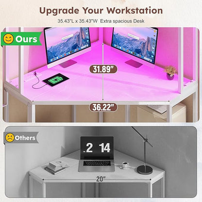 Corner Desk,35.4" W x 63" H Small Computer Desk and Office Desk with Hutch & LED Lights，Gaming Desk with Storage Drawers & Shelves and Hook for Small Space，White