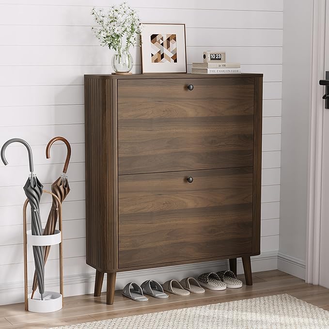 Smuxee Walnut Shoe Cabinet with 2 Flip Drawers, 31.5" Hidden Shoe Storage Cabinet with Curved Edge & Grille Stripe, Freestanding Shoe Organizer Cabinet for Entryway, Hallway, Living Room