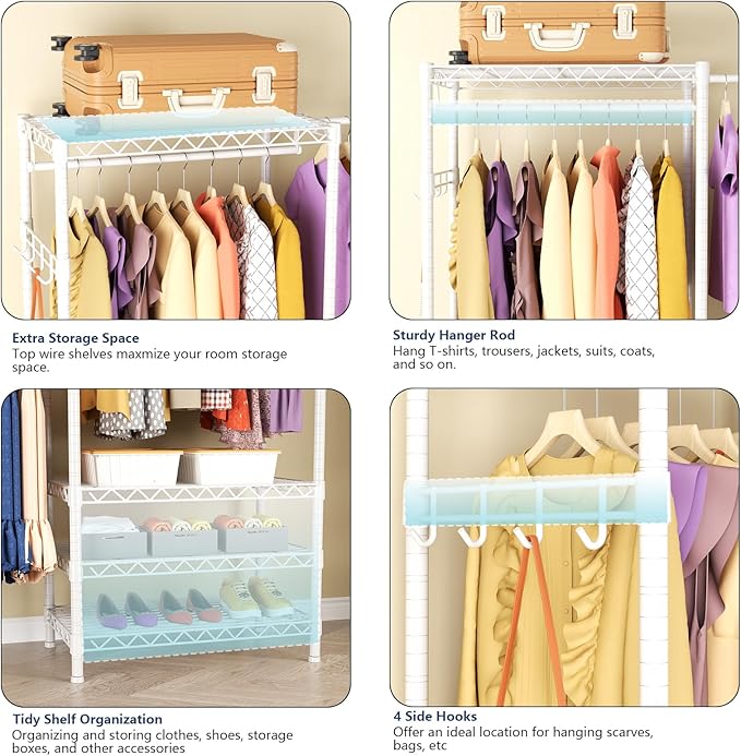 Heavy-Duty Clothes Rack, Expandable Closet Storage Unit with 6 Shelves and 4 Hanger Rods, Freestanding Bedroom Wardrobe Closet, White