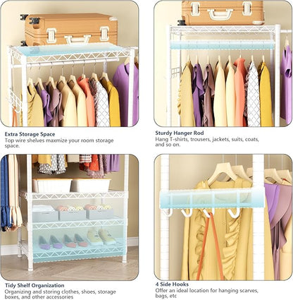 Heavy-Duty Clothes Rack, Expandable Closet Storage Unit with 6 Shelves and 4 Hanger Rods, Freestanding Bedroom Wardrobe Closet, White