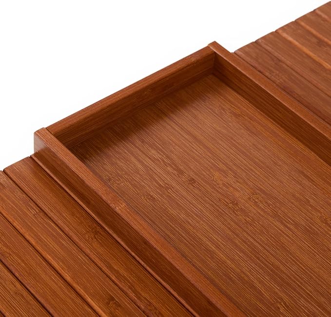 DETOR Couch Arm Tray with Spacious 12.4" x 5.4" Storage Box, Acacia Stained Bamboo Finish, Enhanced Non-Slip Felt Bottom, Sturdy Bamboo Slats, Fits Armrests 6" and Wider