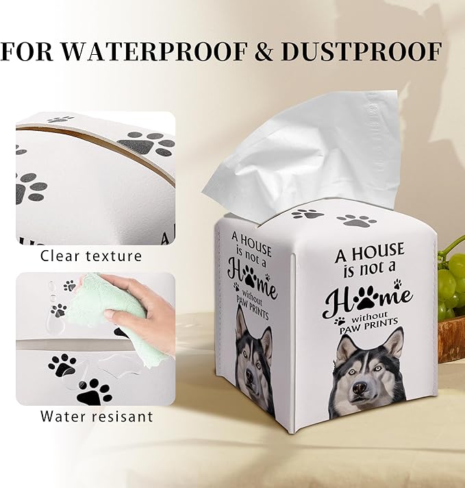 Grace Yonks Cute Husky Tissue Box Cover Square, Husky Dog Cube Case for Facial Tissues, 5.2" PU Leather(036)
