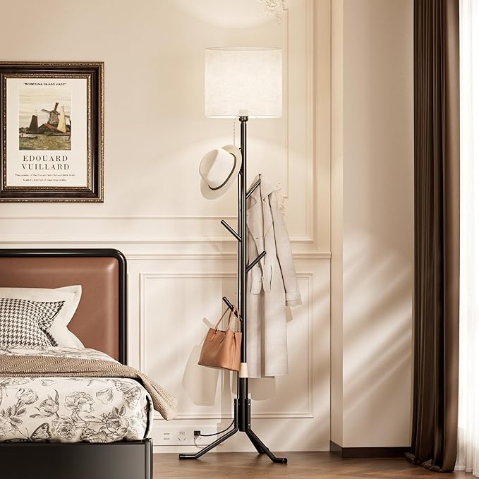 Coat Rack Freestanding Coat Tree with Floor Light, Metal Tall Entryway Coat Stand with 5 Hooks, Slim Modern Black Coat Hanger for Bedroom, Hallway, Office and Small Spaces
