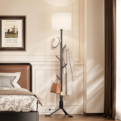 Coat Rack Freestanding Coat Tree with Floor Light, Metal Tall Entryway Coat Stand with 5 Hooks, Slim Modern Black Coat Hanger for Bedroom, Hallway, Office and Small Spaces