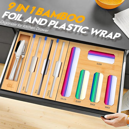 Bamboo Ziplock Bag Organizer for Kitchen Drawer & Wall Mount, Food Storage Baggie Holder, Fits Gallon Quart Sandwich Snack Freezer & Slider Bags, No Assembly, 9 in 1,Natural Color