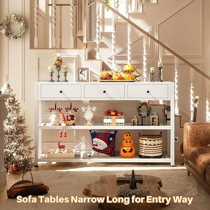 Ecoprsio 47'' Entryway Table with Outlets and USB Ports, Console Table with 3 Drawers, Sofa Table Narrow Long with Storage Shelves for Living Room, Couch, Hallway, Foyer, Kitchen Counter, White
