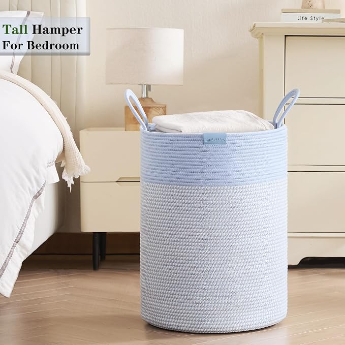 80L Extra Large Blue Laundry Hamper Basket, Tall Woven Hamper for Bedroom, Cotton Rope Laundry Basket for Clothes, 16x22 Inches