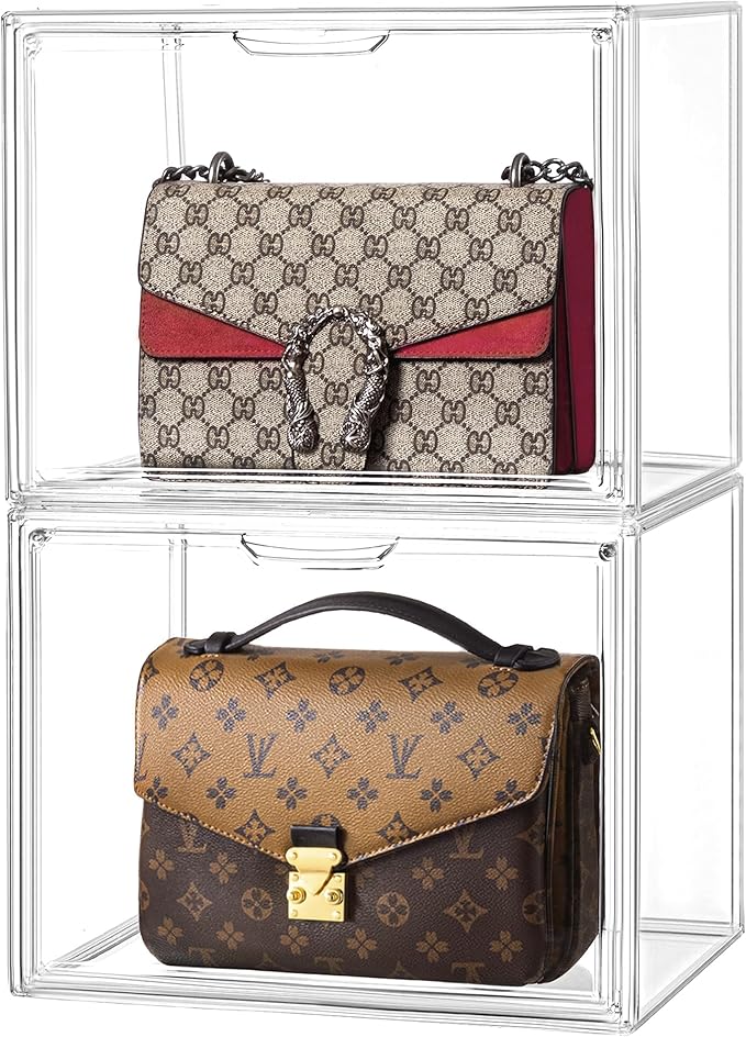 HBlife 2 Pack Purse Storage Organizer for Closet, Large Clear Stackable Handbag Display Case Box with Magnetic Door for Collectibles, Cosmetics, Women Heels and Toys