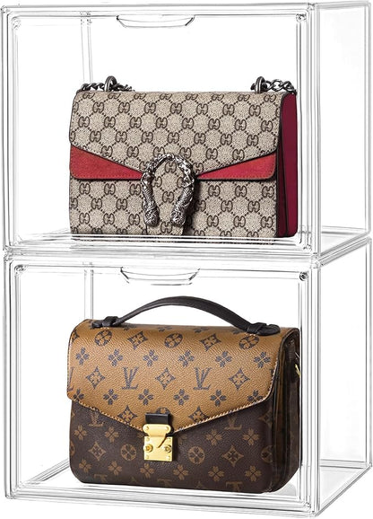 HBlife 2 Pack Purse Storage Organizer for Closet, Large Clear Stackable Handbag Display Case Box with Magnetic Door for Collectibles, Cosmetics, Women Heels and Toys