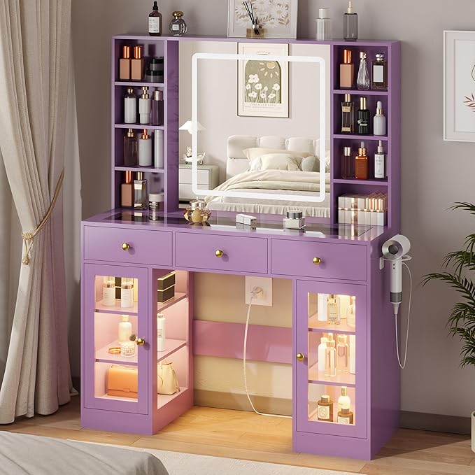 Purple Vanity Desk with Mirror and Lights, Glass Top Vanity with Lighted Mirror & RGB Cabinet and 3 Drawers, Dressing Table with 8 Shelves, Makeup Desk with Lights for Girls Bedroom, 3 Color Modes