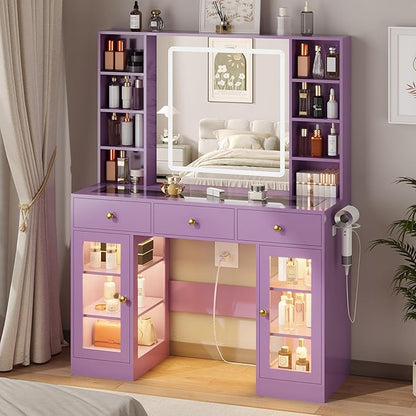 Purple Vanity Desk with Mirror and Lights, Glass Top Vanity with Lighted Mirror & RGB Cabinet and 3 Drawers, Dressing Table with 8 Shelves, Makeup Desk with Lights for Girls Bedroom, 3 Color Modes