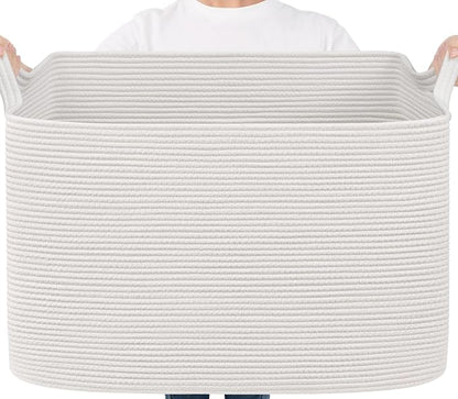 Goodpick 105L Extra Large Blanket Basket 25" x 16" x 16" Cotton Rope Storage Bins for Dirty Clothes, Rectangle Woven Baskets for Living Room Home Decor, Toy Baskets Storage Kids, White