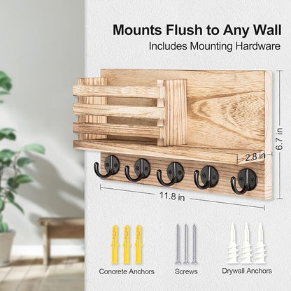 Lwenki Key Holder for Wall – Decorative Wooden Mail Holder and Key Shelf with Mounting Hardware, Installation Guide – Paulownia Wood with Metal Key Hooks (Wood, Large - 11.8inch)