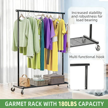 Clothes Rack for Hanging Clothes, 64.25 Inch Clothing Racks with Wheels, Portable Rolling Clothes Garment Rack for Bedroom, Laundry, Living Room, Black
