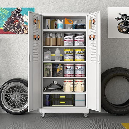 Garage Storage Cabinet with Wheels and Pegboard, Metal Storage Cabinet with 5 Adjustable Shelves for Garage Warehouse Office Utility Room,Required Assembly,71" H×34" W×18" D,White